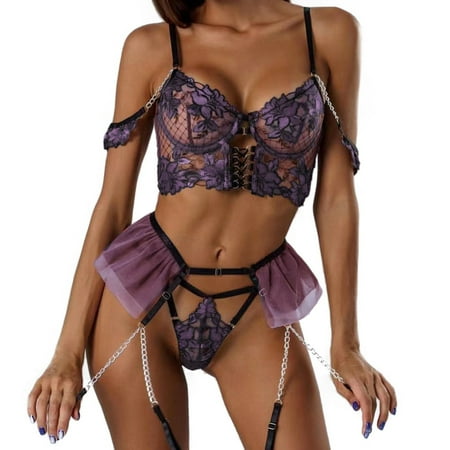 

Sebtyili Women Fashion Mesh Lingerie Print Lingerie Three Piecese Set Underwear