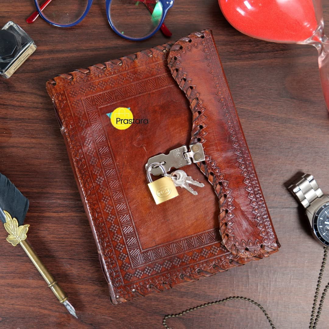 Leather Journal Diary Antique Blank Book 10" Vintage Style Brown Notebook Daily Planner With Lock and Key For n & Women Vintage Leather Bound Journals Leather Notepad Diary Unlined Leather Craft Paper