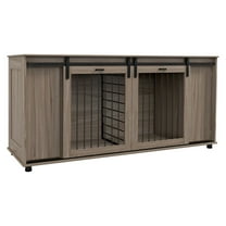 71" Modern Dog Crate Furniture, Double Door Kennel with Storage, Walnut Finish - Fits 2 Small or 1 Large Dog
