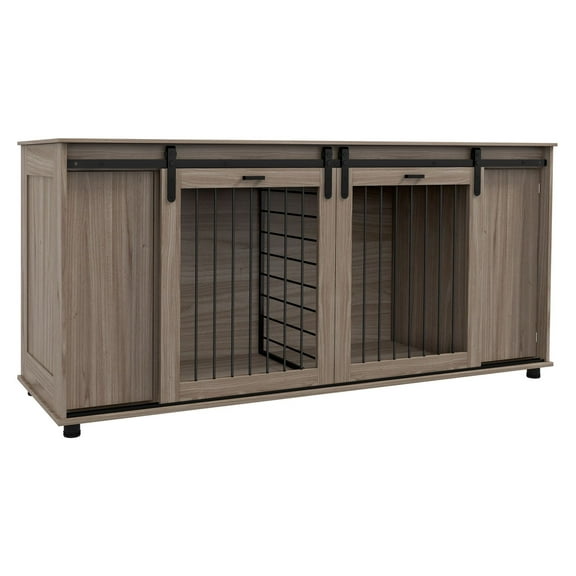 71" Modern Dog Crate Furniture, Double Door Kennel with Storage, Walnut Finish - Fits 2 Small or 1 Large Dog