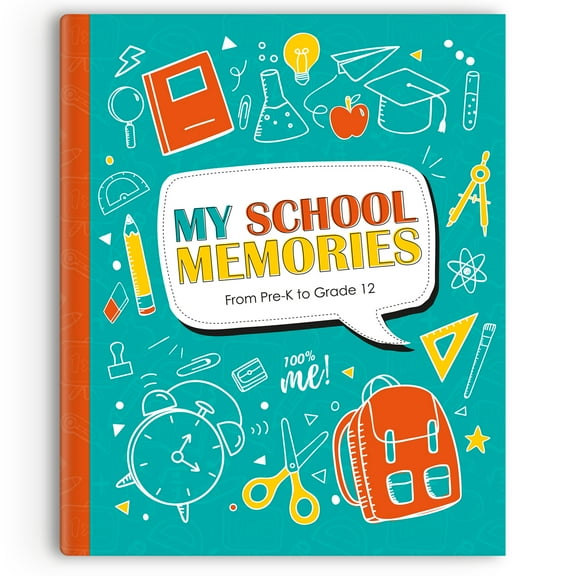 POMANGO School Memory Book My School Memories | Keepsake Album from Pre-K to Grade 12 | US School System - 9.5'' x12''- English | Activity Scrapbook with 14 Pockets to Store Keepsakes, Photos...