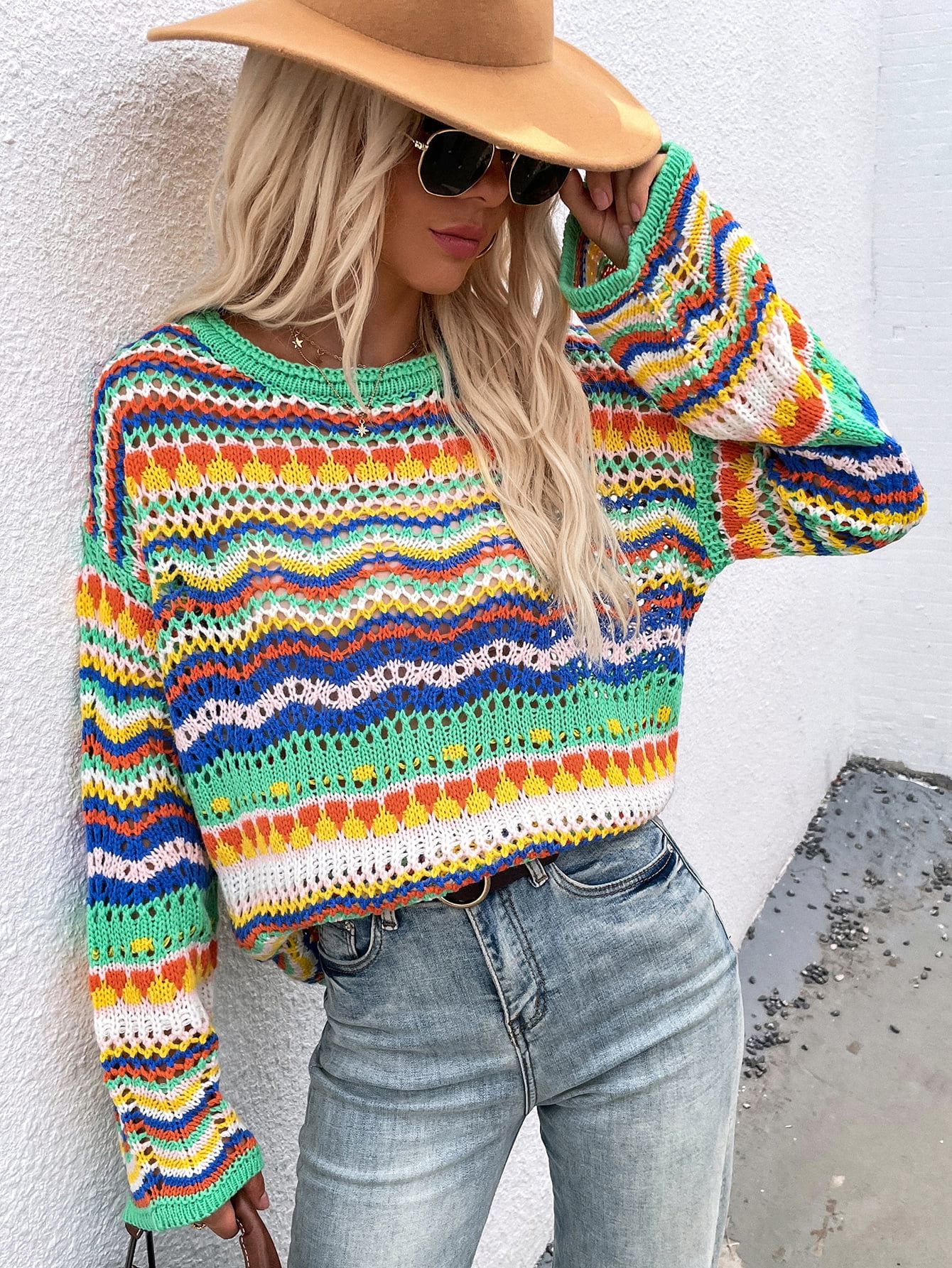 Hotian Women Striped Pointelle Knit Pullover Jumper Sweater Colorblock  Casual Knitwwear Green M - Walmart.com