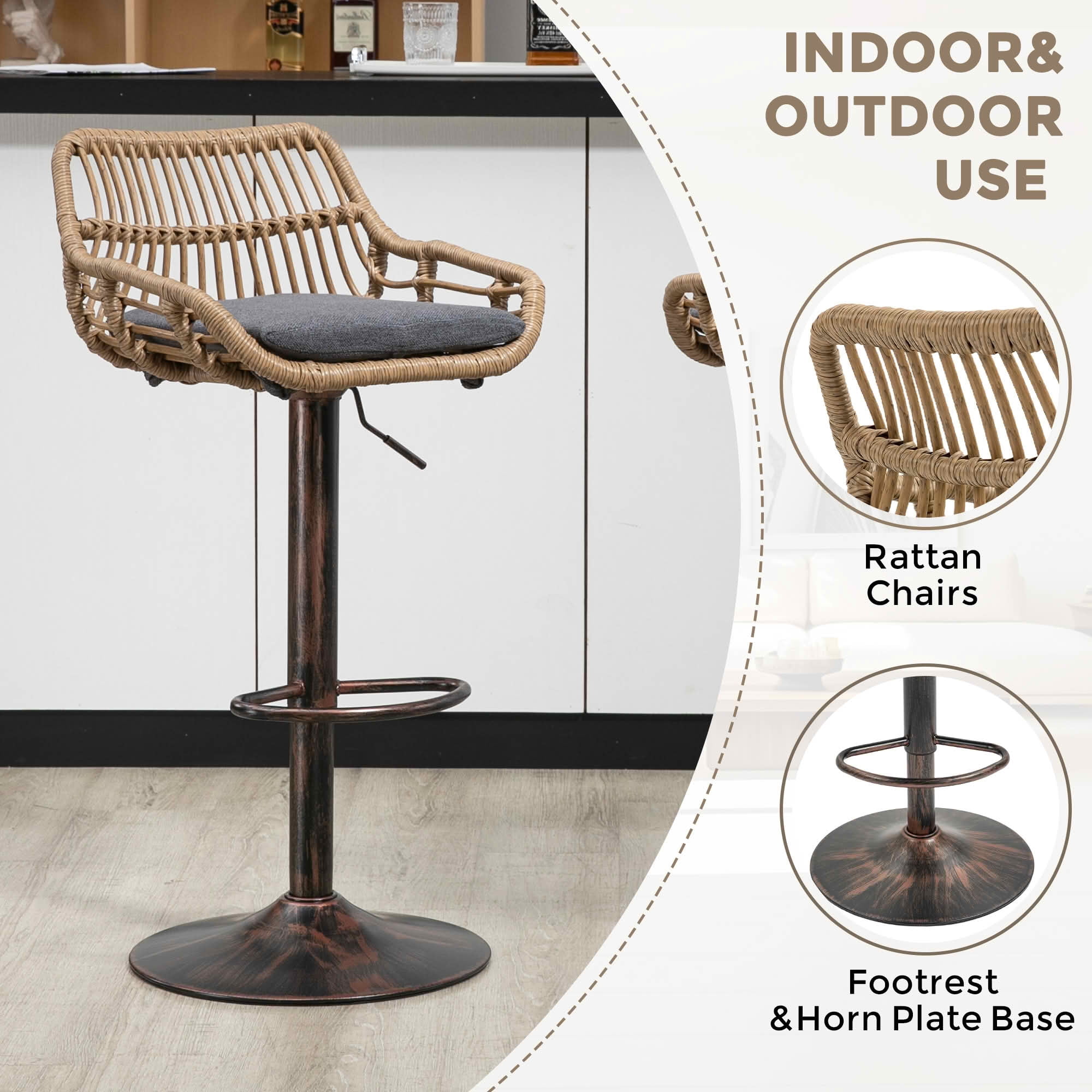 MAYEERTY Swivel Bar Stools Set of 2, Adjustable Height Chairs with Footrest, Linen and PE Rattan Back, Gray