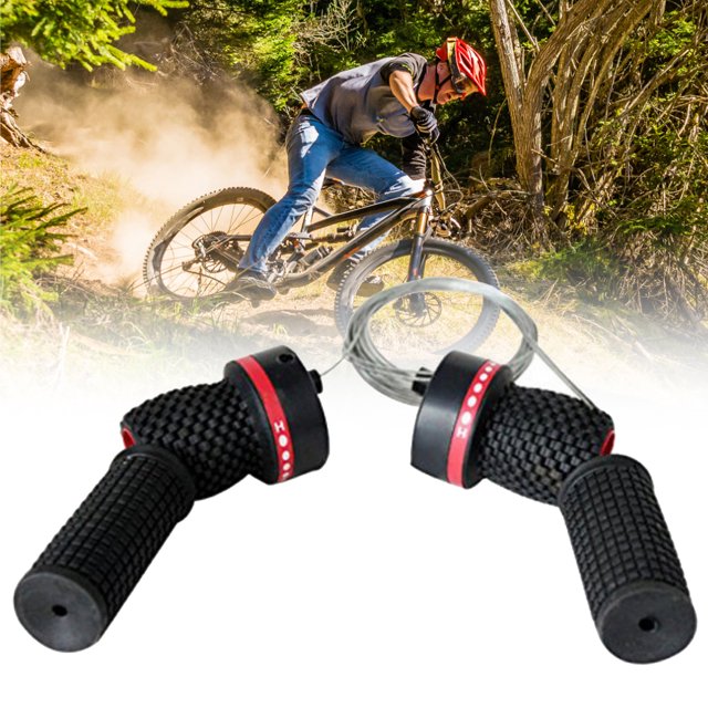 2Pcs Bike Gear Shifter Anti-oxidation Anti-rust Accessory Bike Speed Twist Gear Shifter with Grips for Cycle. The image shows two black bike gear shifters with textured grips and red accents, made from durable rubber and plastic. The shifters are connected by cables and designed for ergonomic handling with slip resistance. Suitable for most mountain and road bikes, with a diameter of 22.2mm. A cyclist is seen riding a mountain bike in the background, emphasizing the product's use in outdoor cycling.