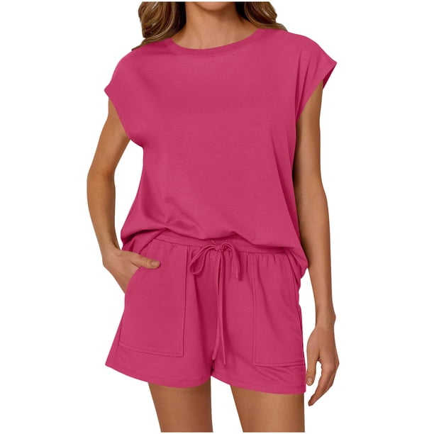 Tops Y Blusas de Mujer de Verano Cuello Redondo Manga Corta con Cordón de Cintura Y Bolsillo Pantalones Cortos de Dos Piezas