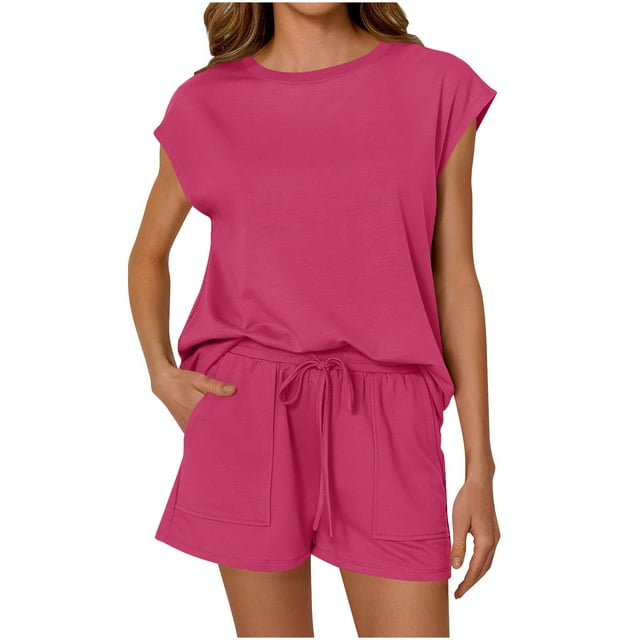 Cinvoph Ensemble 2 Pcs pour Femmes Col Rond Manches Courtes Chemise d'Été Décontractée et Shorts Cargo Taille Élastique avec Cordon de Serrage Ensemble de Pyjamas de Détente Couleur Unie