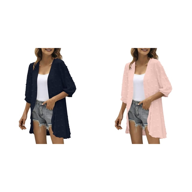 (2-Pack) Kcodviy Women Casual Cardigan Three Womens Cropped Cardigan Quarter Sleeve Open Front Open Front Lightweight Cardigan Lightweight Dots Cardigan Draped Leopard Print Cardigan Ruffles Cardiga