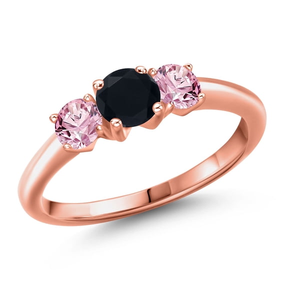 Gem Stone King 18K Rose Gold Plated Silver Black Onyx and Pink Lab Grown Diamond Engagement Ring for Women | 0.98 Cttw | Round 5MM | Gemstone December Birthstone | Size 6