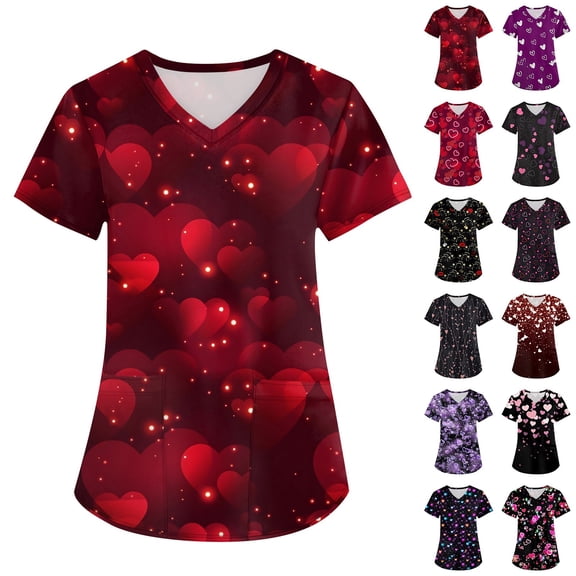 Holiday Scrub Tops for Women Valentines Day Short Sleeve V Neck Heart Print Nurse Uniforms with Pockets Working Scrubs 2026 Purple Pink M