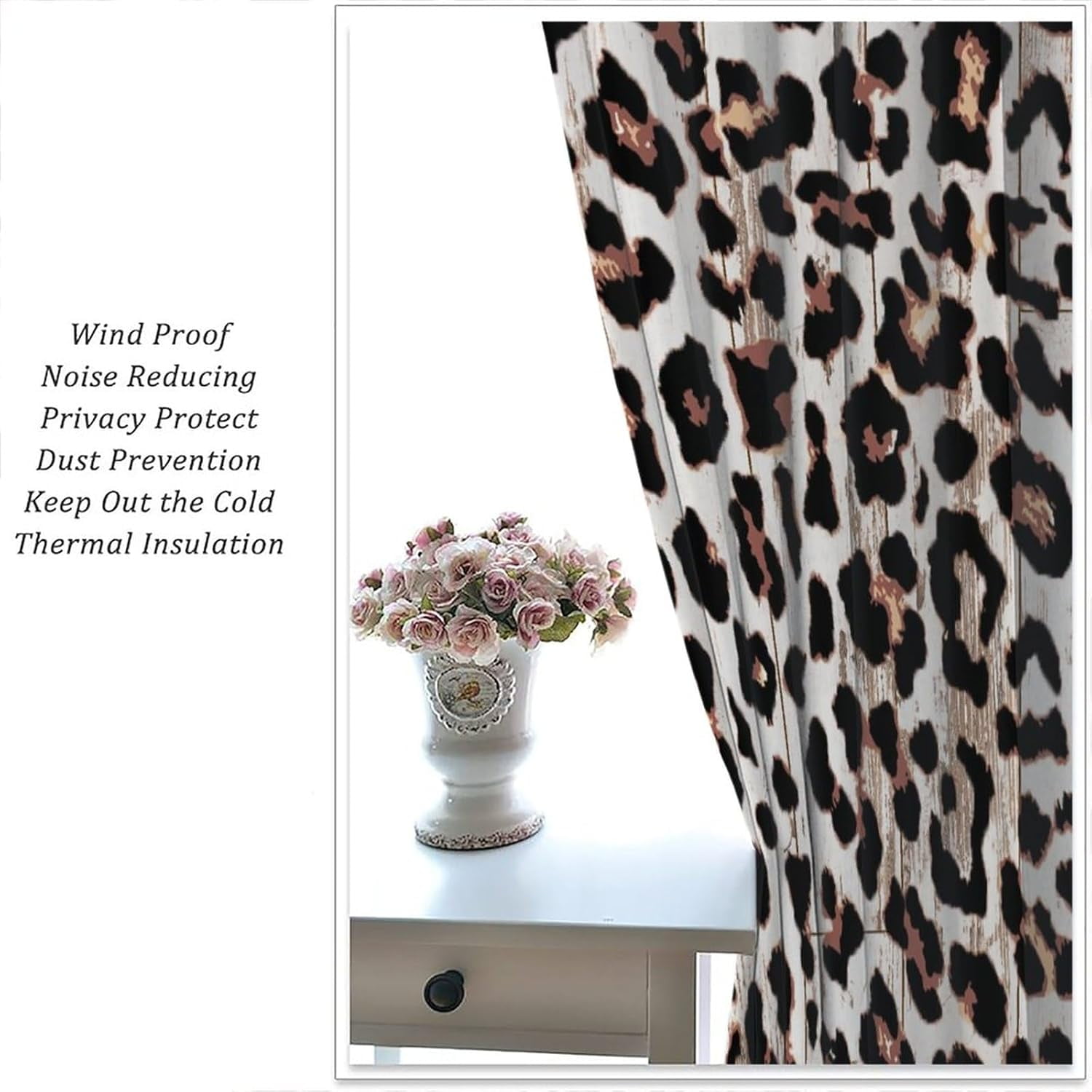 Leopard Print Curtains Rustic Grey White Wooden Board Animal Blackout Print Rod Pocket Window Drapes for Bedroom Living Room 52x84in