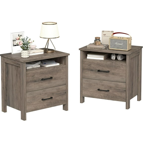 Farmhouse Nightstand Set of 2, Rustic Nightstand with 2 Drawers, Wood End Table with Open Shelf, Side Table for Bedroom, Light Brown