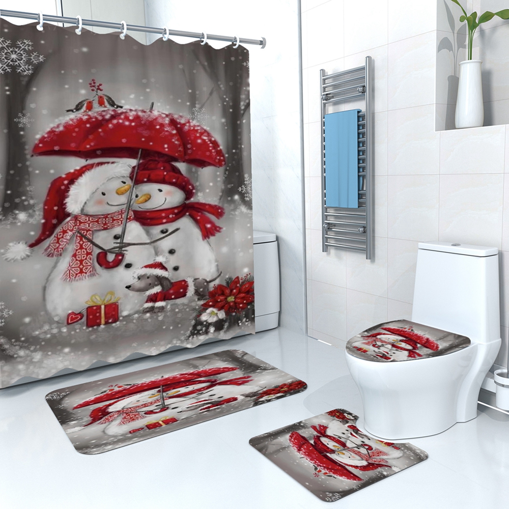 4 Pcs Christmas Snowman Shower Curtain Sets with Non-Slip Rugs