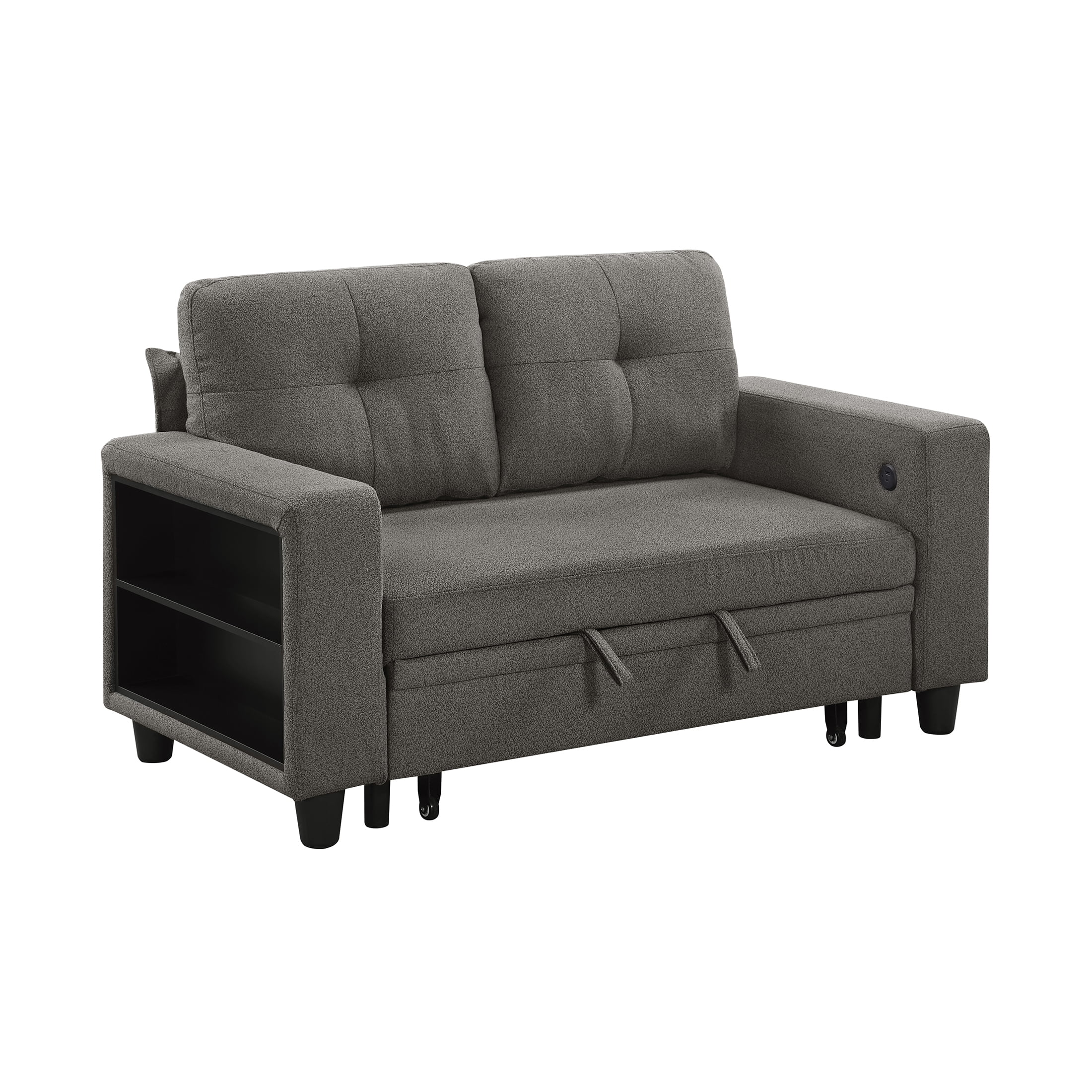 OakvillePark Vessarion Boucle Love Seat with Pull-out Bed, Shelves and Charging Ports, Dark Brown