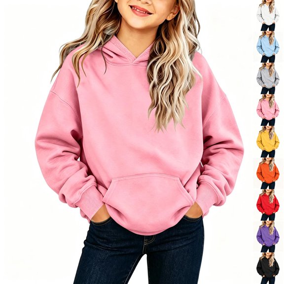 Toddler Sweatshirts Dqueduo Girls' Solid Color Drawstring Hoodie Pocket Soft Loose Long Sleeve Pullover Sweatshirt Jacket, Sizes 2-13 Years