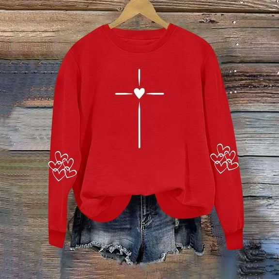 Avrnliq Womens Valentines Day Sweatshirt with Cross and Hearts Design, Long Sleeve Pullover, 100% Polyester Soft Relaxed Fit, Plus Size, Red,Size 2XL