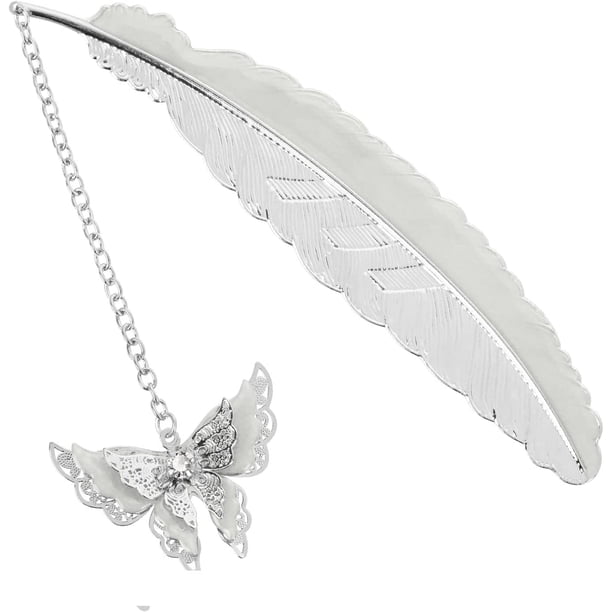 ShiYe toys store Marcapáginas de metal con plumas plateadas, bonito marcapáginas que brilla en la oscuridad con dije de mariposa 3D, regalo único para mujeres marcapáginas para amantes de los libros