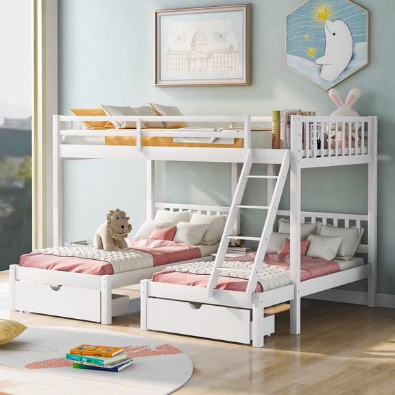 White Full Over Twin & Twin Bunk Bed, Wood Triple Bunk Bed with Drawers and Guardrails