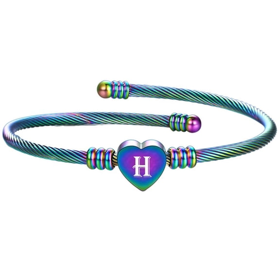 PAURO Initial Heart Bracelets for Women Open Letter Alphabet Silver Rose Gold Plated Stainless Steel Colorful Personalized Statement Name Charm Simple Jewelry Colorful Letter H