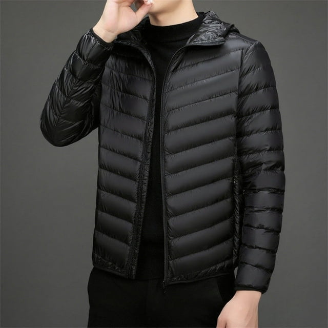 Men's Winter Hooded Down Padded Jacket with Long Sleeve and Zipper Pockets for Cold Weather