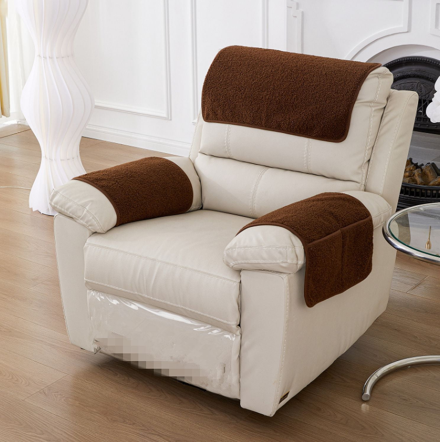 Garayma 3 Pcs Recliner Covers Armrest Covers with Storage Pockets Headrest Cover Armchair Slipcovers Sofa Recliner Protector Coffee