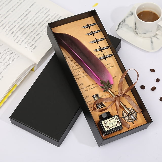 Estuche para bolígrafos de pluma corta, juego de papelería con punta de tinta, caja de regalo con pluma de inmersión retro