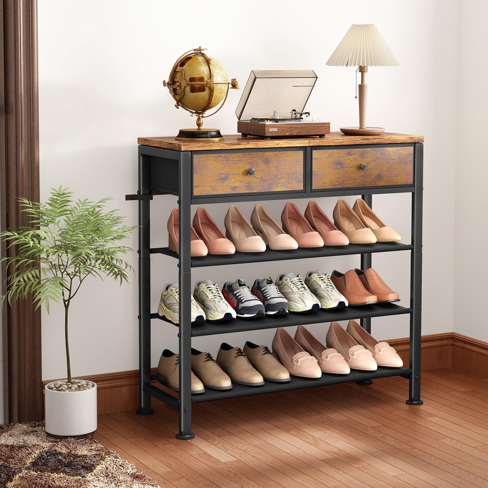 4 Tier Shoe Organizer with Drawers and Fabric Shelves, Wooden Top Shoe Rack for Closet and Entryway, Rustic Brown Storage Solution for 9-12 Pairs