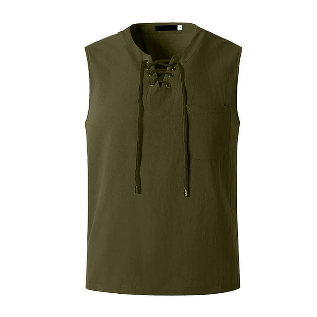YanHoo Mens Sleeveless Shirts with Pocket Lace Up Drawstring Hippie Tank Tops