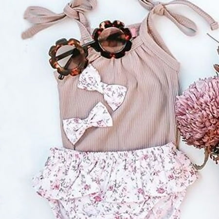 

Summer Toddler Baby Girls Sleeveless Sling Knitted Top Rompers Floral Printed Shorts Clothing Set