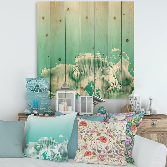 Designart 'Auquamarine Landscape Turquoise Splashes' Traditional Print on Natural Pine Wood