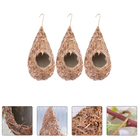 BESTYASH Set of 3 Light Brown Hanging Bird Houses for Pets, Realistic Design with Straw and Plastic Material