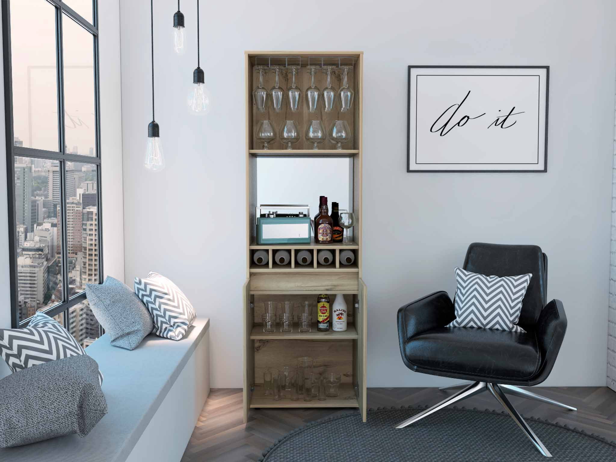 Redding Bar Cabinet, One Cabinet, Interior Shelves, Five Bottle Cubbies,  Two Shelves - Walmart.com