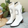 thumbnail image 5 of Embroidery Knee High Cowboy Boots Women Stacked Heel Splice Leather Wide Calf Pull on Long Cowgirl Booties, 5 of 7