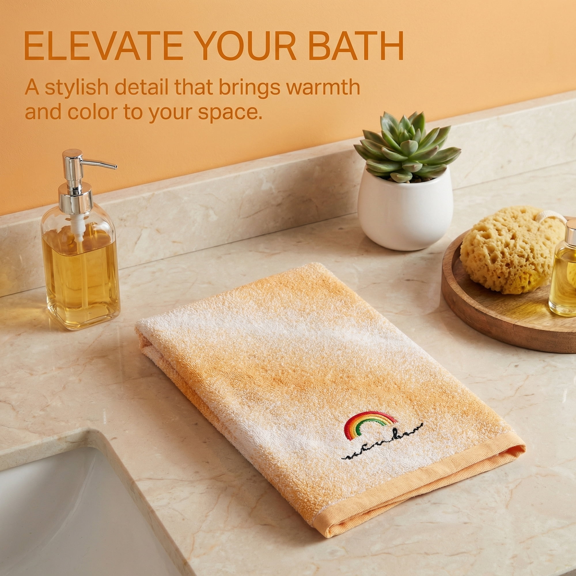 Unique Bargains 2 Pcs Rainbow Cotton Soft Absorbent Hand Towels Orange 28" x 13"