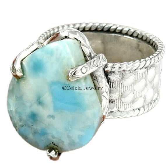 Natural Larimar Women's Ring, Solid 925 Sterling Silver Ring, Natural Healing Gemstone Ring, Exclusive Ring, Solitaire Ring, Proposal Ring, Dainty Ring, Birthday Gift For Women (Larimar, 6)