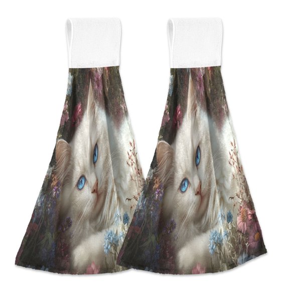 BZSMCE Hanging Hand Towels Fashion White Cat Among Pink Flowers Pattern 2-Pack - Velcro Style Bathroom Kitchen Towels