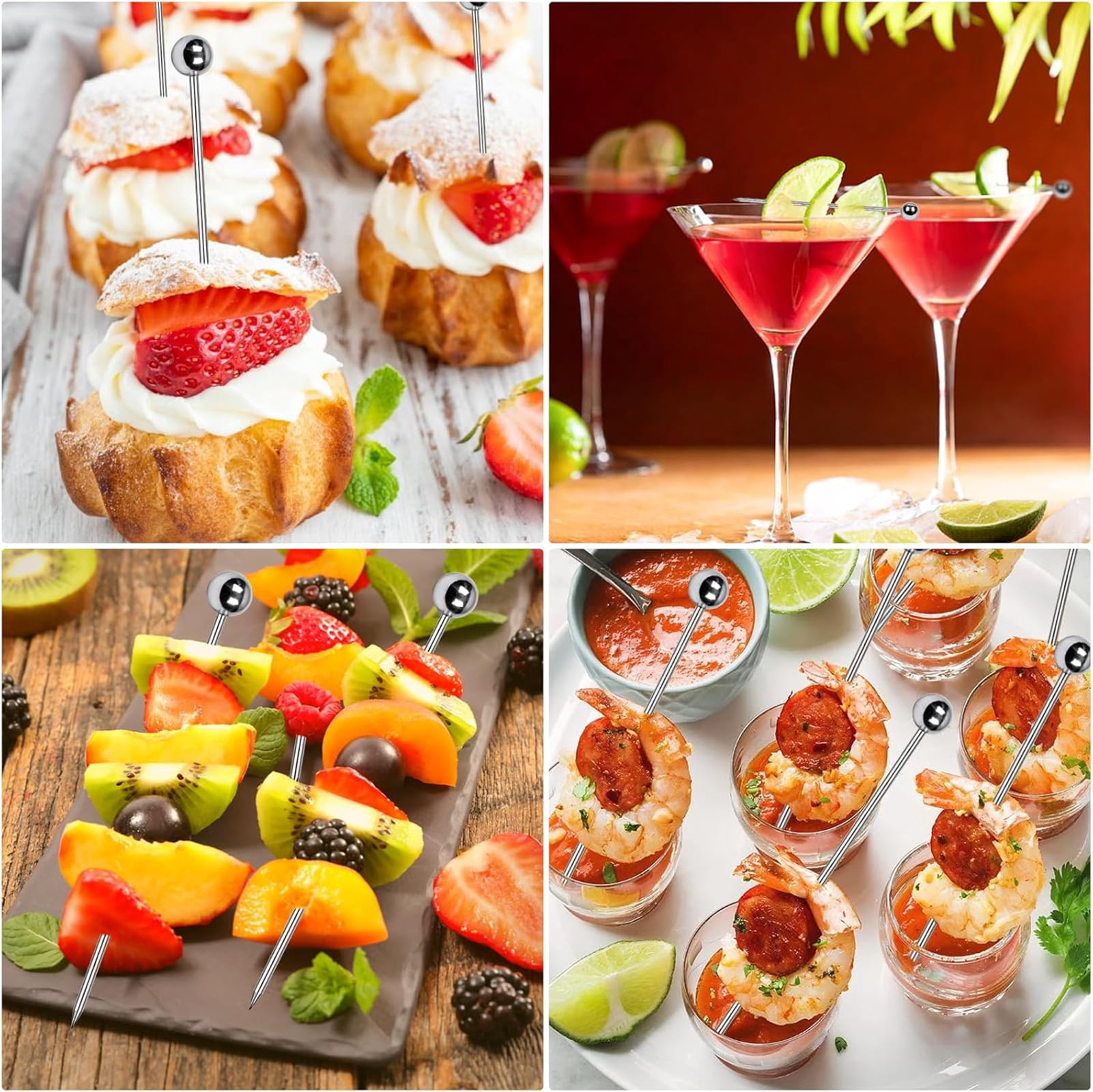 Djiypn Metal Cocktail Picks 10Pack+Holder Kit, Premium Stainless Steel Reusable Appetizer Skewers Set for Sandwiches, BBQ Snacks, Cocktails. (4.25 inch，Silvery)