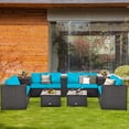 thumbnail image 1 of Gymax 8PCS Cushioned Rattan Patio Conversation Set w/ Side Table Turquoise Cushion, 1 of 9