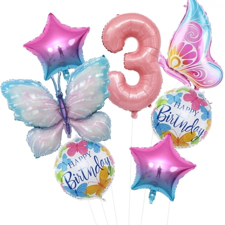 BCD-PRO Pink Butterfly 3rd Birthday Girl Foil Balloons Party Decoration, 7 Count