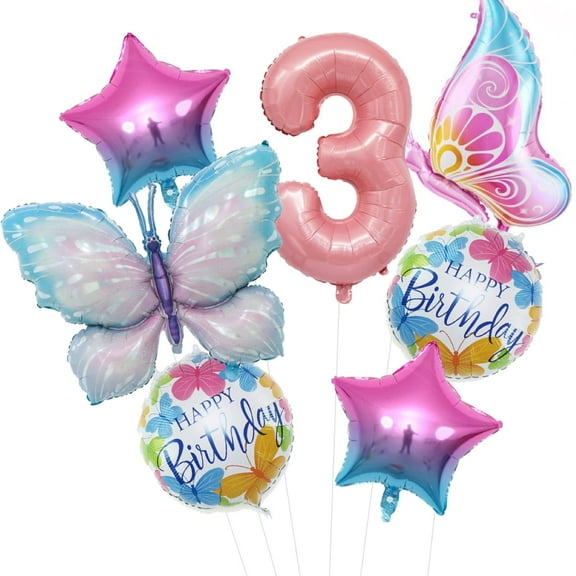 BCD-PRO Pink Butterfly 3rd Birthday Girl Foil Balloons Party Decoration, 7 Count