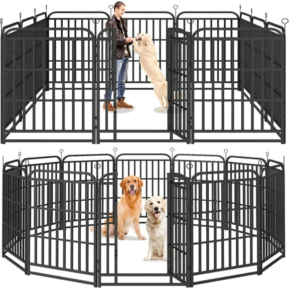 Dog Fence Outdoor 12 Piece Panels 40" Height, Square Steel Pipe with Reinforced Crossbars, Anti-Rust Heavy Duty Dog Playpen with Doors Portable for Yard RV Camping, Total 27FT, 57 Sq.ft, Snowy Black