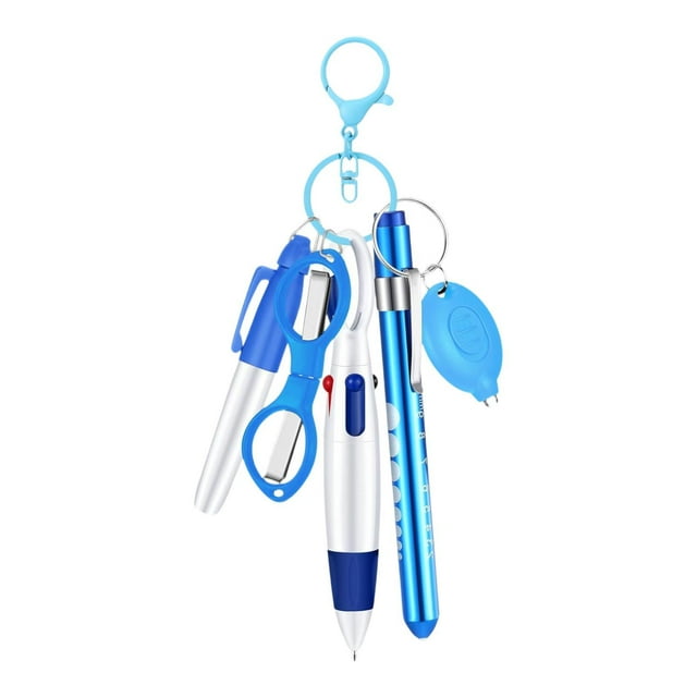 Juego de bolígrafos para enfermera, llavero de enfermería, conjunto con rizador, insignia de regalo para el día de las enfermeras, bolígrafo retráctil azul