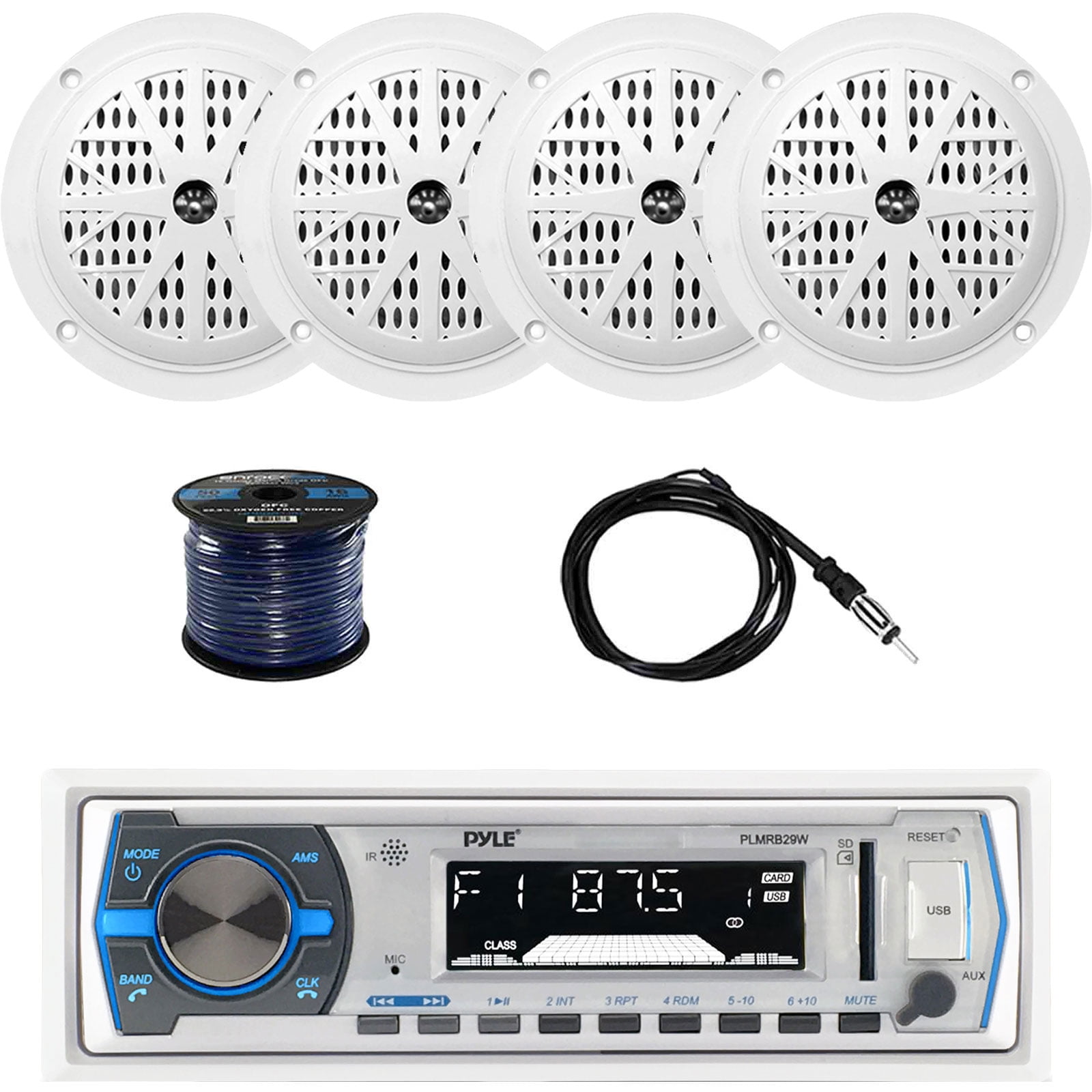 Amplifier 6.5" Marine Speakers White Bluetooth AM FM Mp3 Round Radio & Antenna 
