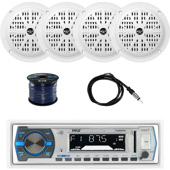 Pyle PLMRB29W Bluetooth Marine Receiver Stereo (White) with Pyle PLMR41W 4'' Dual Cone Waterproof Stereo Speaker System(2-Pairs), Enrock EKMR2 Marine Antenna & Enrock Marine 50' 16G Speaker Wire