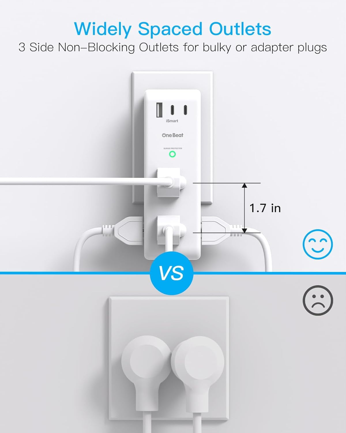 Surge Protector Outlet Extender, 6 AC Outlets & 3 USB Ports(2 USB C), 1800J 3-Sided Rotating Swivel Plug, White for Home Office Dorm
