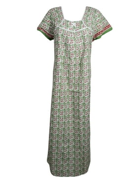 Women White,Green Nightwear Cotton Printed Sleepwear Maxi Dress, House Dress Holiday Boho Nightgown, Caftan Dress, L