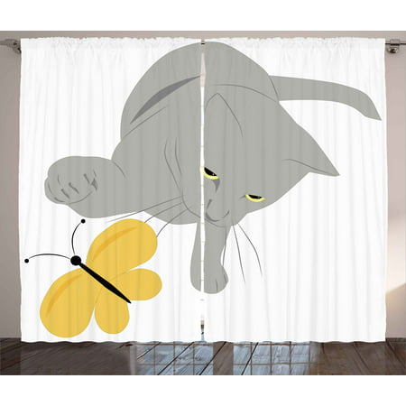 Grey and Yellow Curtains 2 Panels Set, Cat Pet Feline Best Friend Playing with Spring Butterfly Print, Window Drapes for Living Room Bedroom, 108W X 63L Inches, Black Marigold and Grey, by