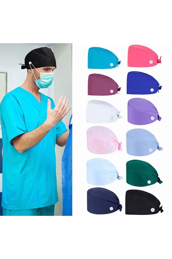 Fashion Working Caps Solid Gourd-Shaped Tie Back Hats with Button Adjustable Unisex Hats Hospital Beauty Store Uniform Accessories