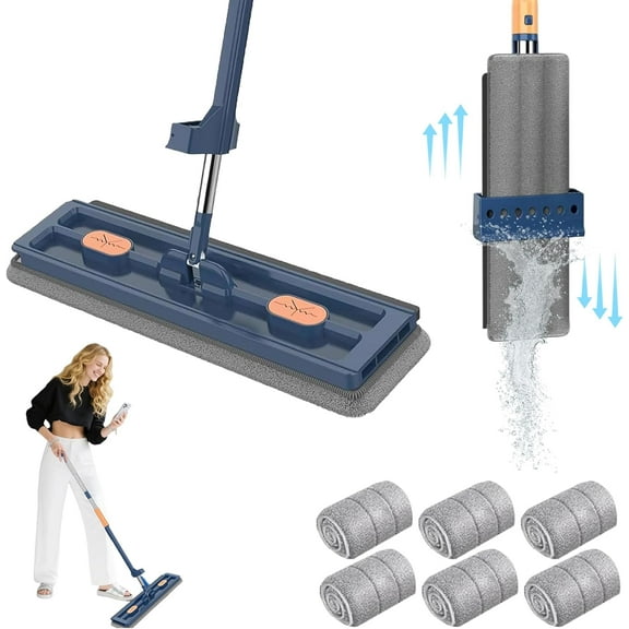 2025 New Saker Plus Large Flat Mop, Saker Plus Mop, 360 Rotation Flat Mop with Bucket, 6 Washable Microfiber Pads, Scraper Floor Cleaning System with Independent Drainage
