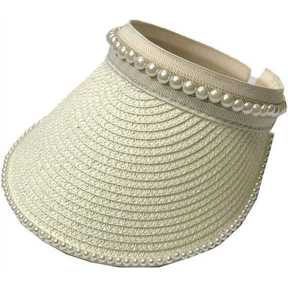 Women Pearl Sun Visor Hat Foldable Straw Hats for Summer UV Protection Roll-up Golf Visor Hat Summer Beach Hat