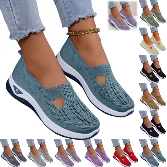 Mfakffe Orthopedic Shoes for Women Dressy Slip on Non Slip Mesh Sneakers Summer Walking Comfy Closed Toe Arch Support Shoes (Sky Blue)